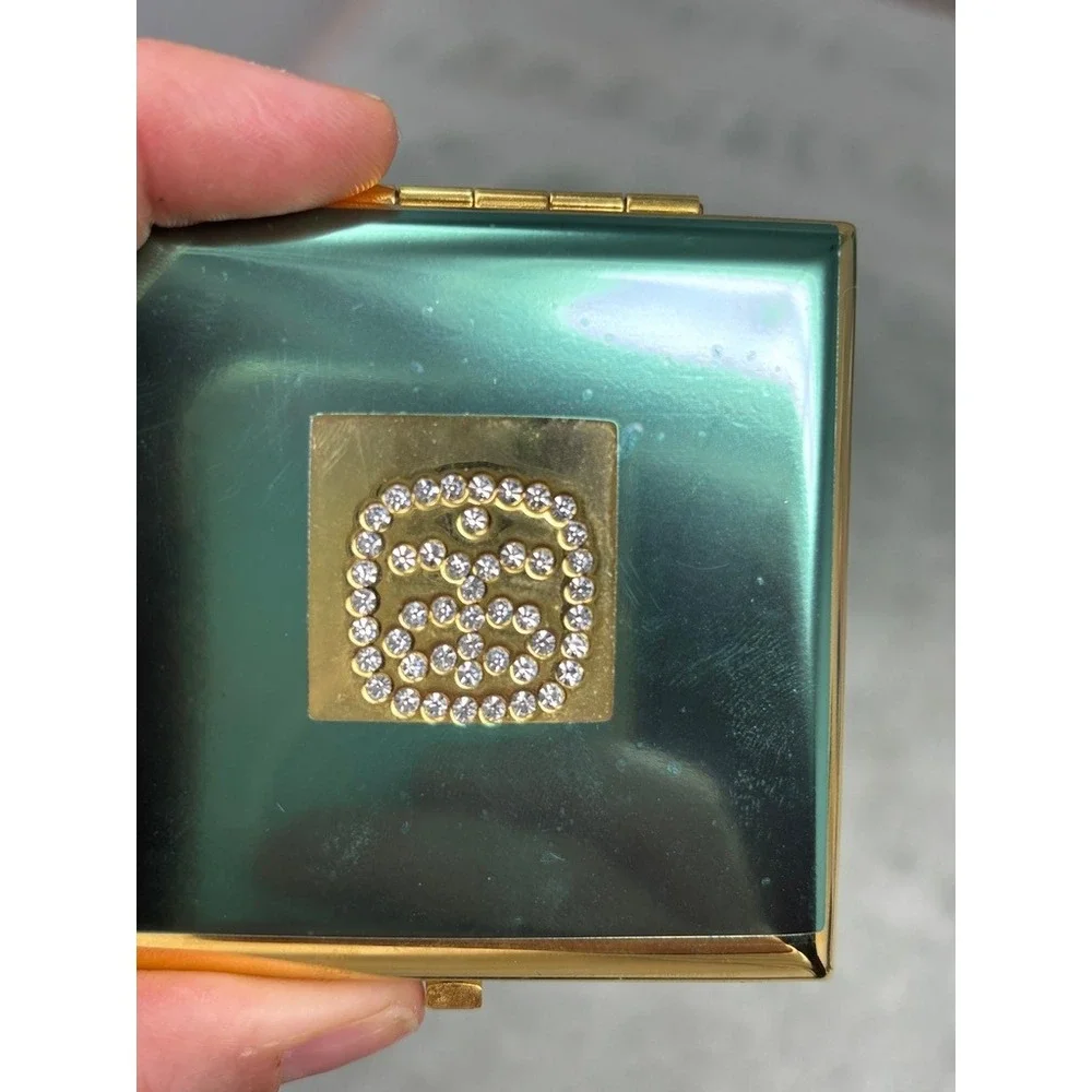 Vtg Arbonne Powder Compact Mirror Gold Crystal Refillable NEW - Picture 5 of 9